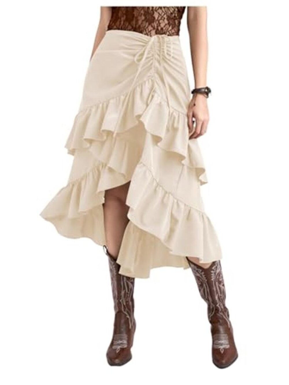 Makemechic Cream Ruffle High Low Midi Skirt Boho Western Cowgirl Flowy Skirt